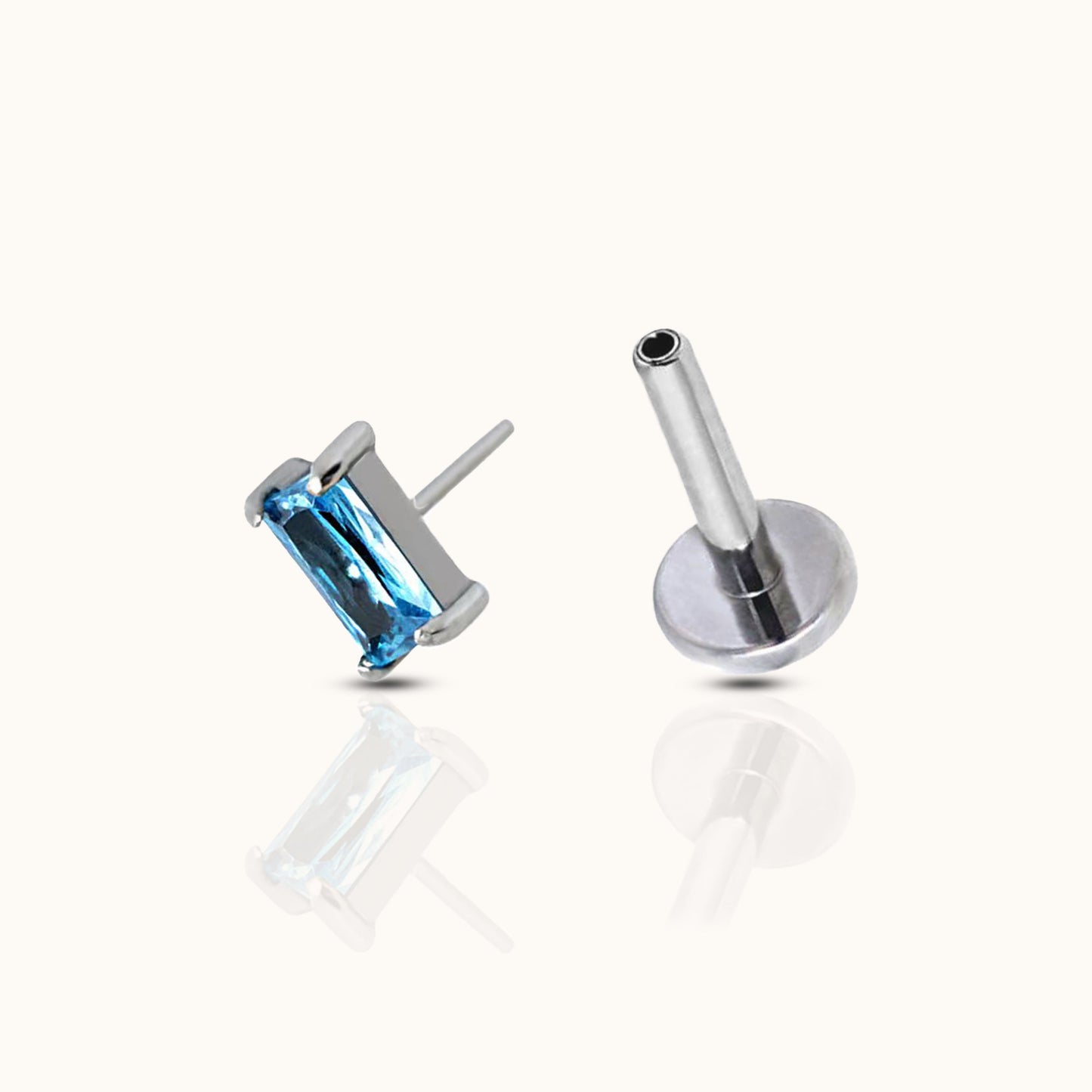 Rectangle Aquamarine Blue CZ Threadless Labret Titanium Flat Back Nap Earring by Doviana