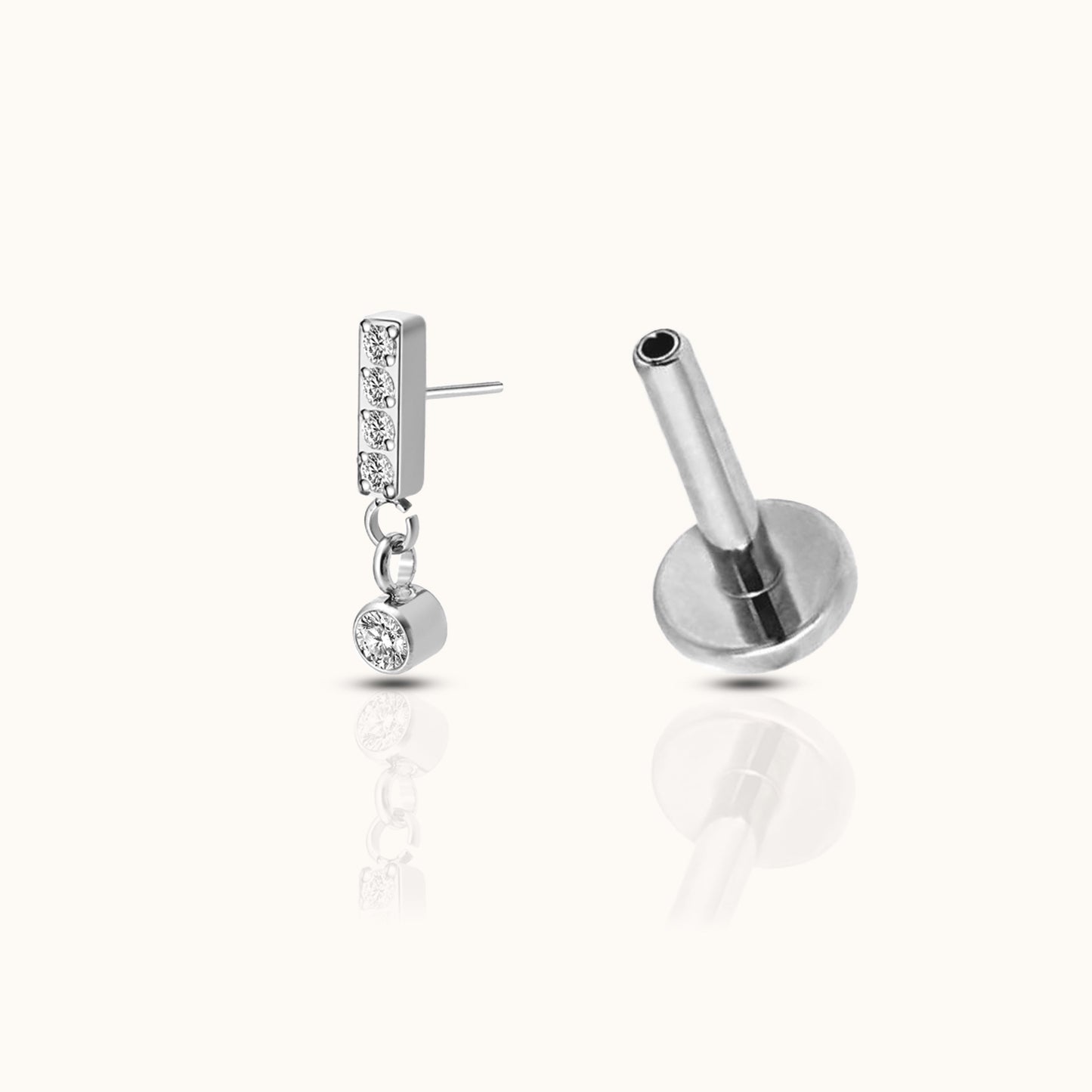 Rectangle Bar Dangle CZ Threadless Labret Titanium Flat Back Nap Earring by Doviana
