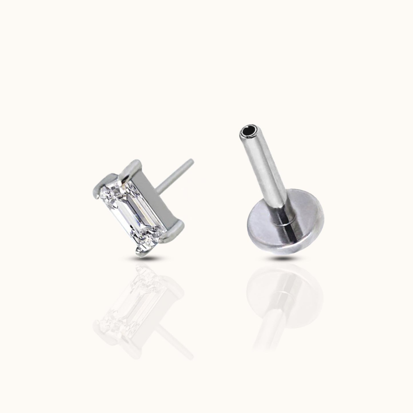 Rectangle CZ Threadless Labret Titanium Flat Push Back Nap Stud Earring by Doviana