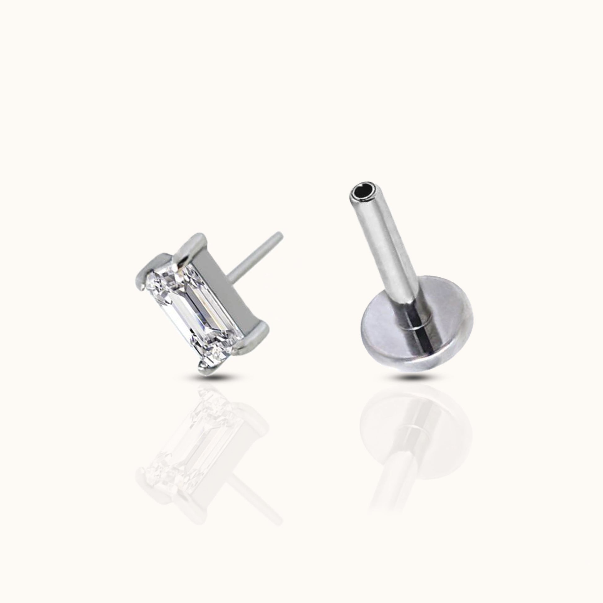 Rectangle CZ Threadless Labret Titanium Flat Push Back Nap Stud Earring by Doviana