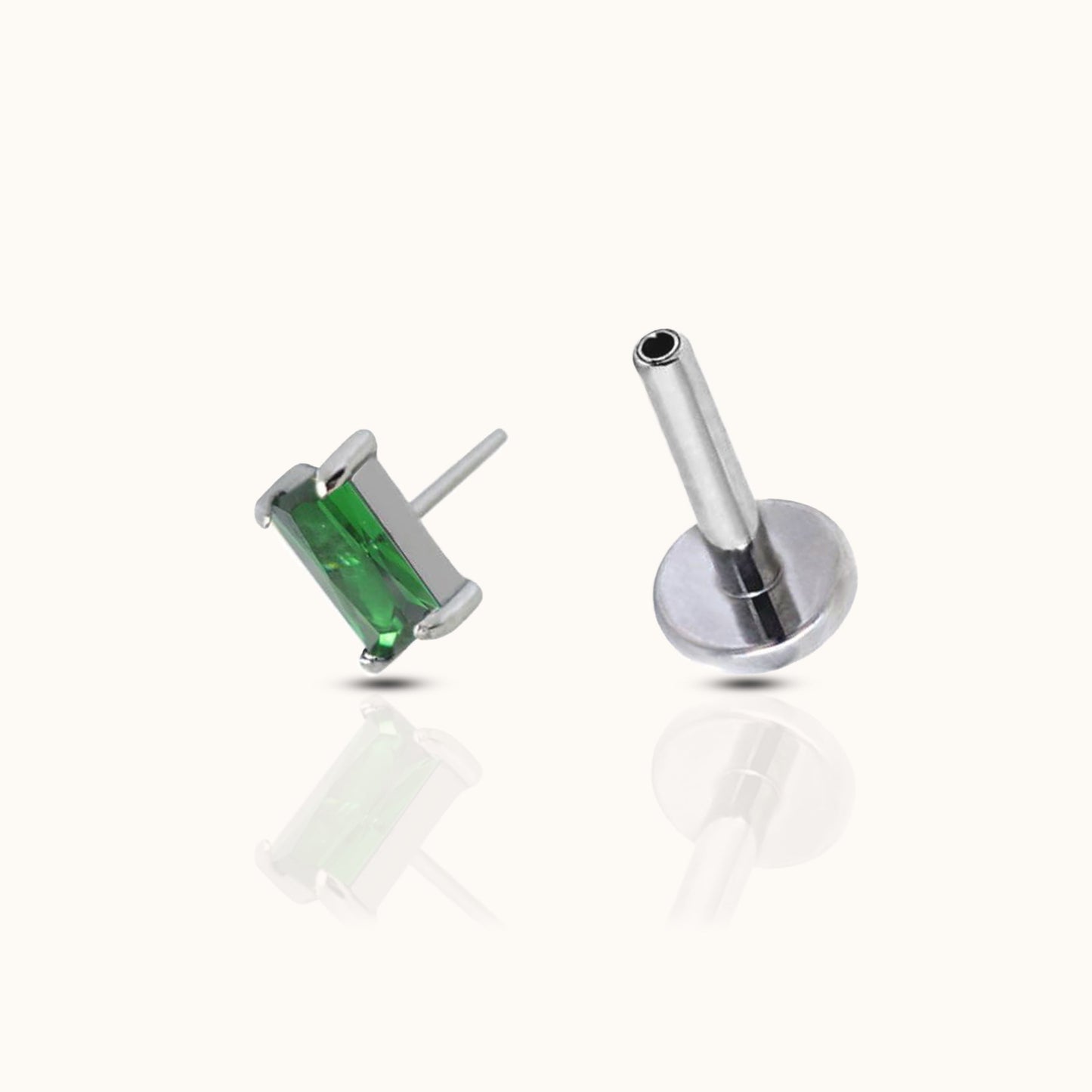 Rectangle Green CZ Threadless Labret Titanium Flat Back Nap Earring by Doviana