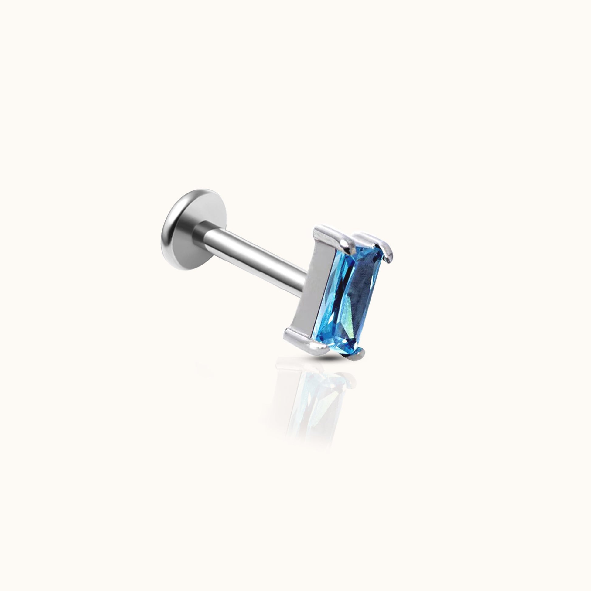 Rectangle Aquamarine Blue CZ Threadless Labret Titanium Flat Back Nap Earring by Doviana