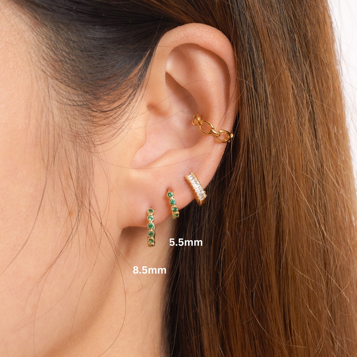 Emerald Green Beaded Gold CZ Huggie Hoops Earrings Size 12mm for Daily Wear by Doviana