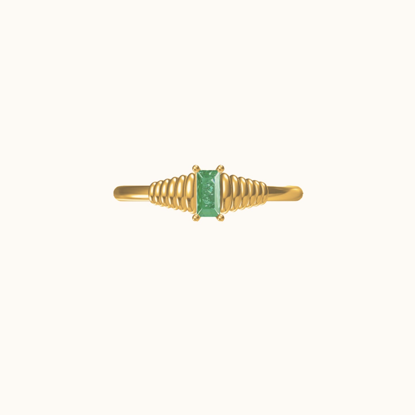 Gold Band Four Prong Emerald Cut Retro Solitaire Green CZ Ring by Doviana