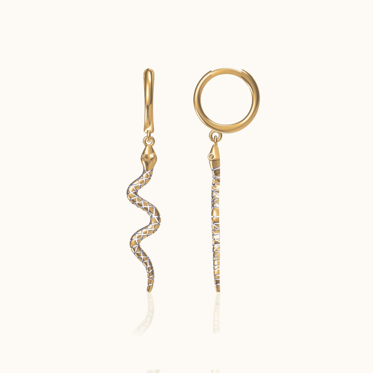 Serpent Charm Long Drop Large Gold Snake Dangle Huggie Hoop Earrings by Doviana