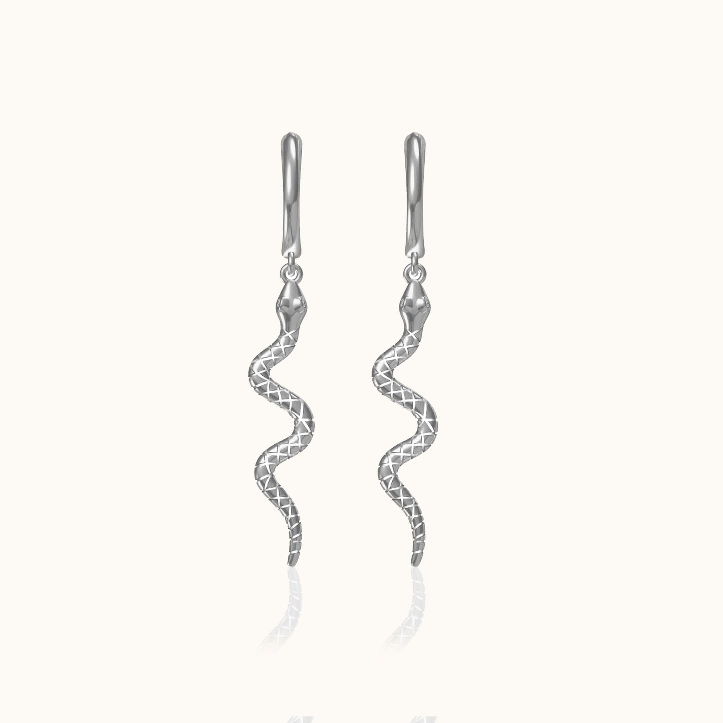 Serpent Charm Long Drop Large 925 Sterling Silver Snake Dangle Huggie Hoop Earrings by Doviana