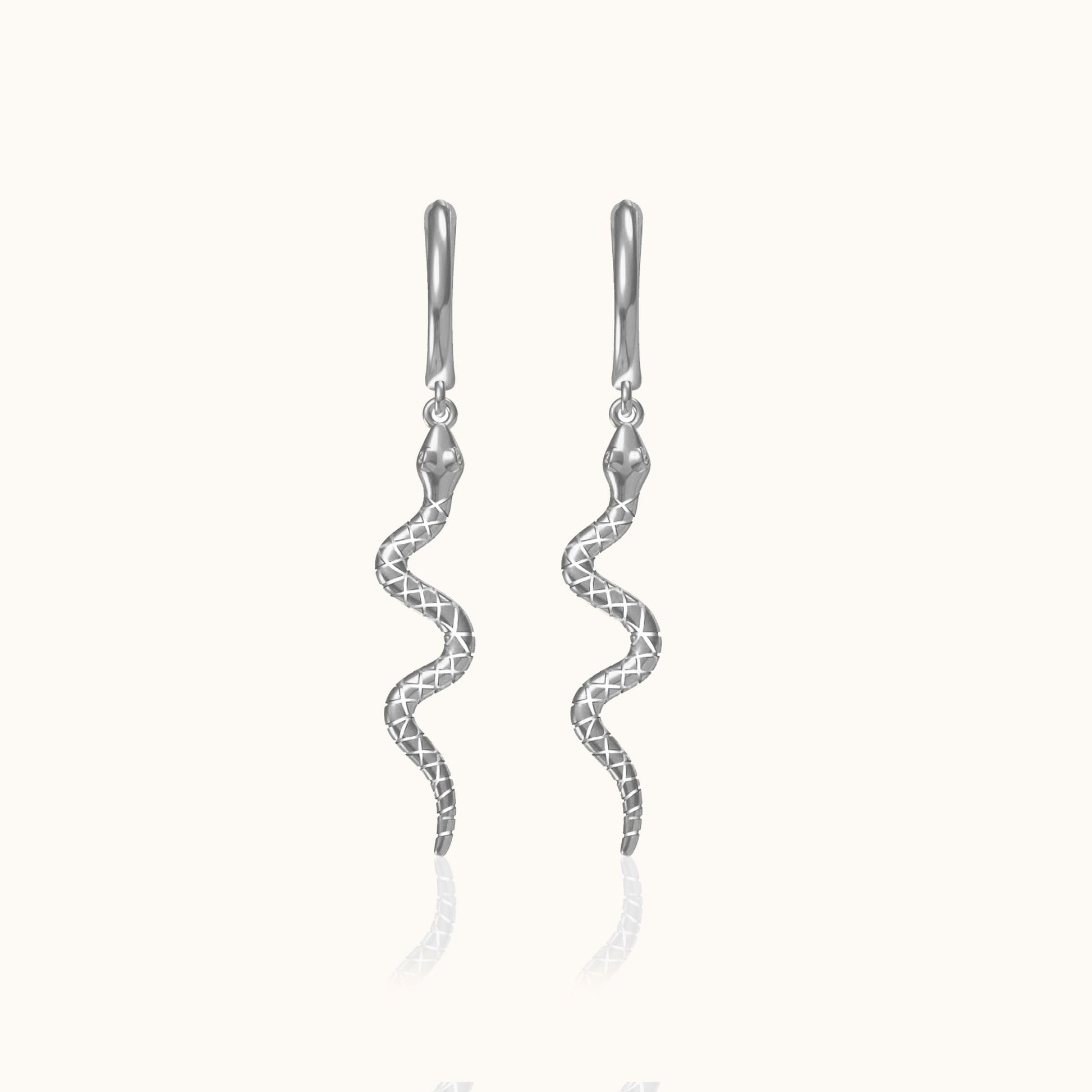 Serpent Charm Long Drop Large 925 Sterling Silver Snake Dangle Huggie Hoop Earrings by Doviana