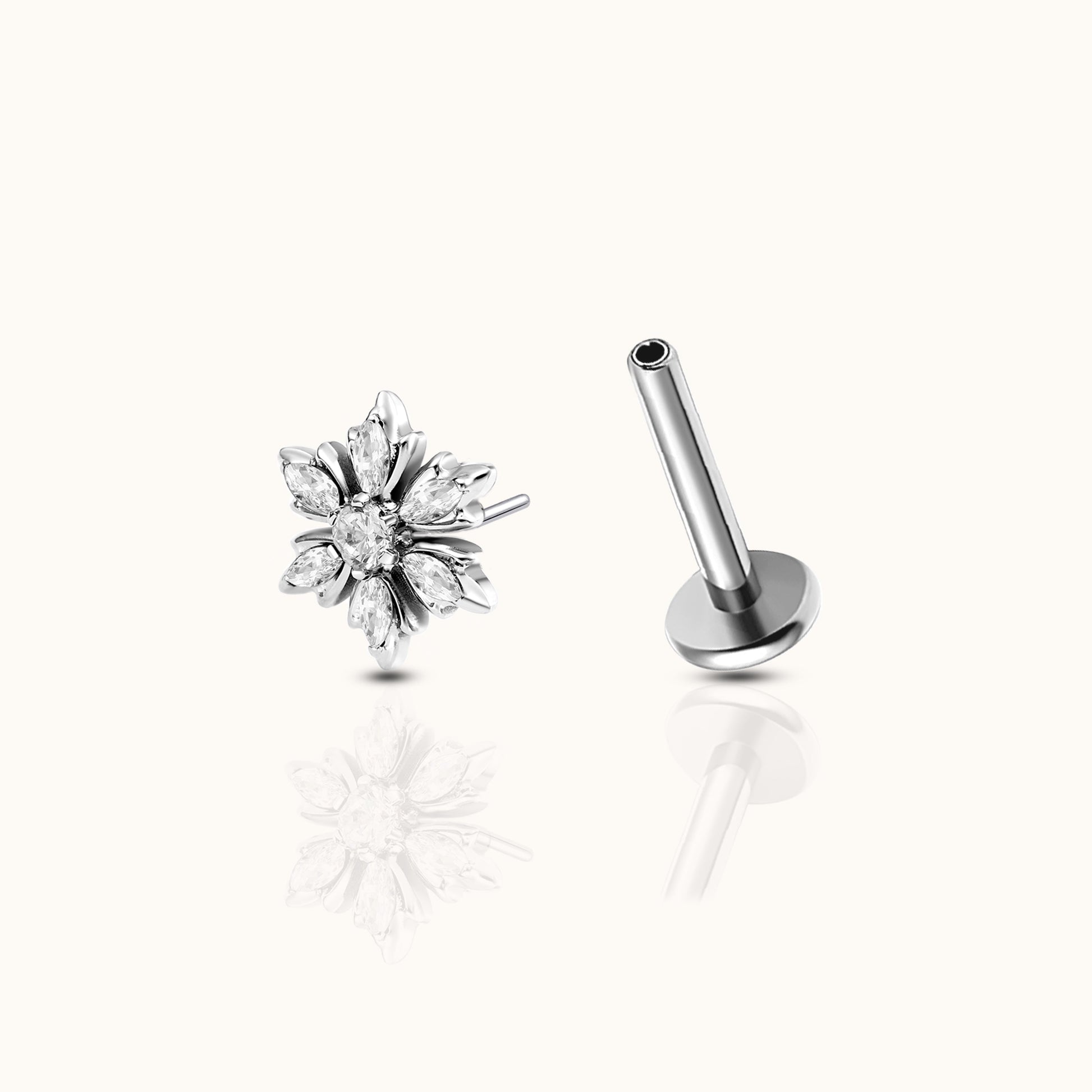 Snowflake CZ Threadless Labret Dainty Hypoallergenic Titanium Flat Back Earring by Doviana
