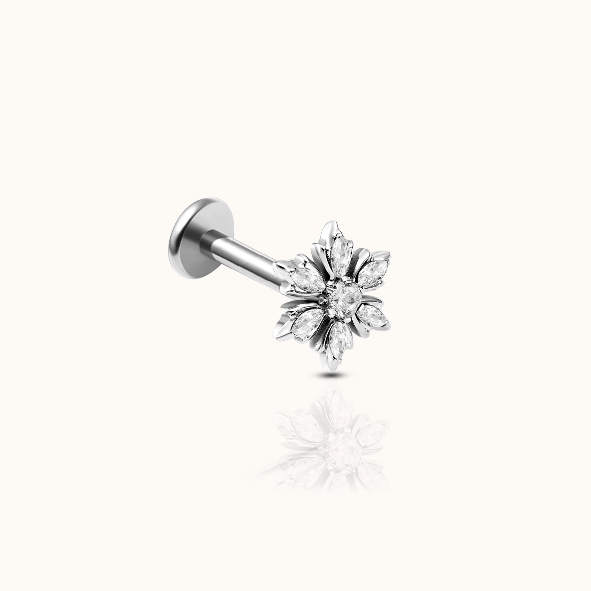 Snowflake CZ Threadless Labret Dainty Hypoallergenic Titanium Flat Back Earring by Doviana
