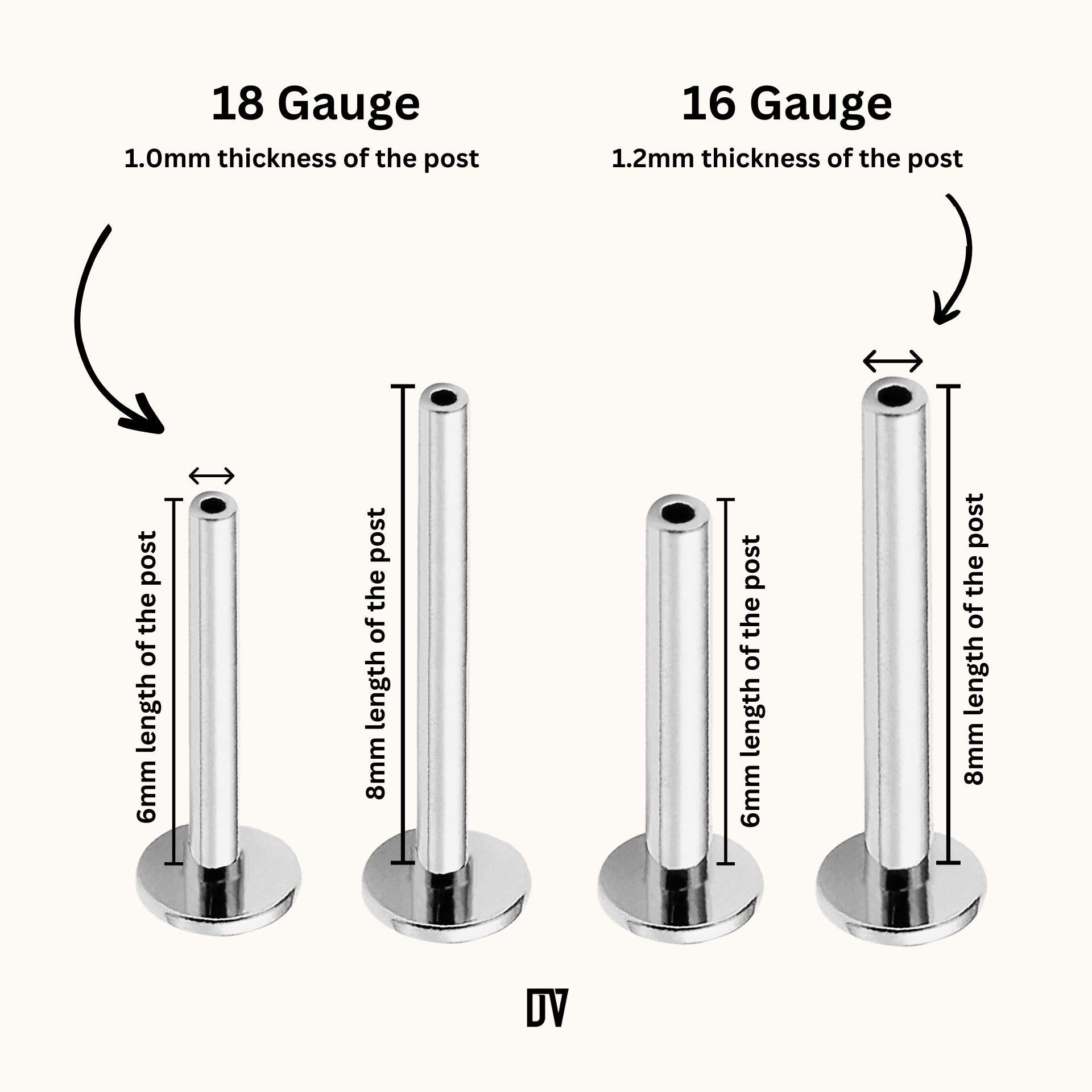 Titanium flat back posts in 18 Gauge vs 16 Gauge in 6mm or 8mm