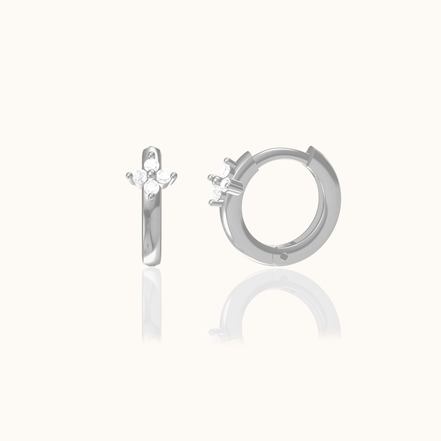 925 Sterling Silver Tiny 4 CZ Stones Cluster Petite Trefoil CZ Huggie Hoop Earrings by Doviana