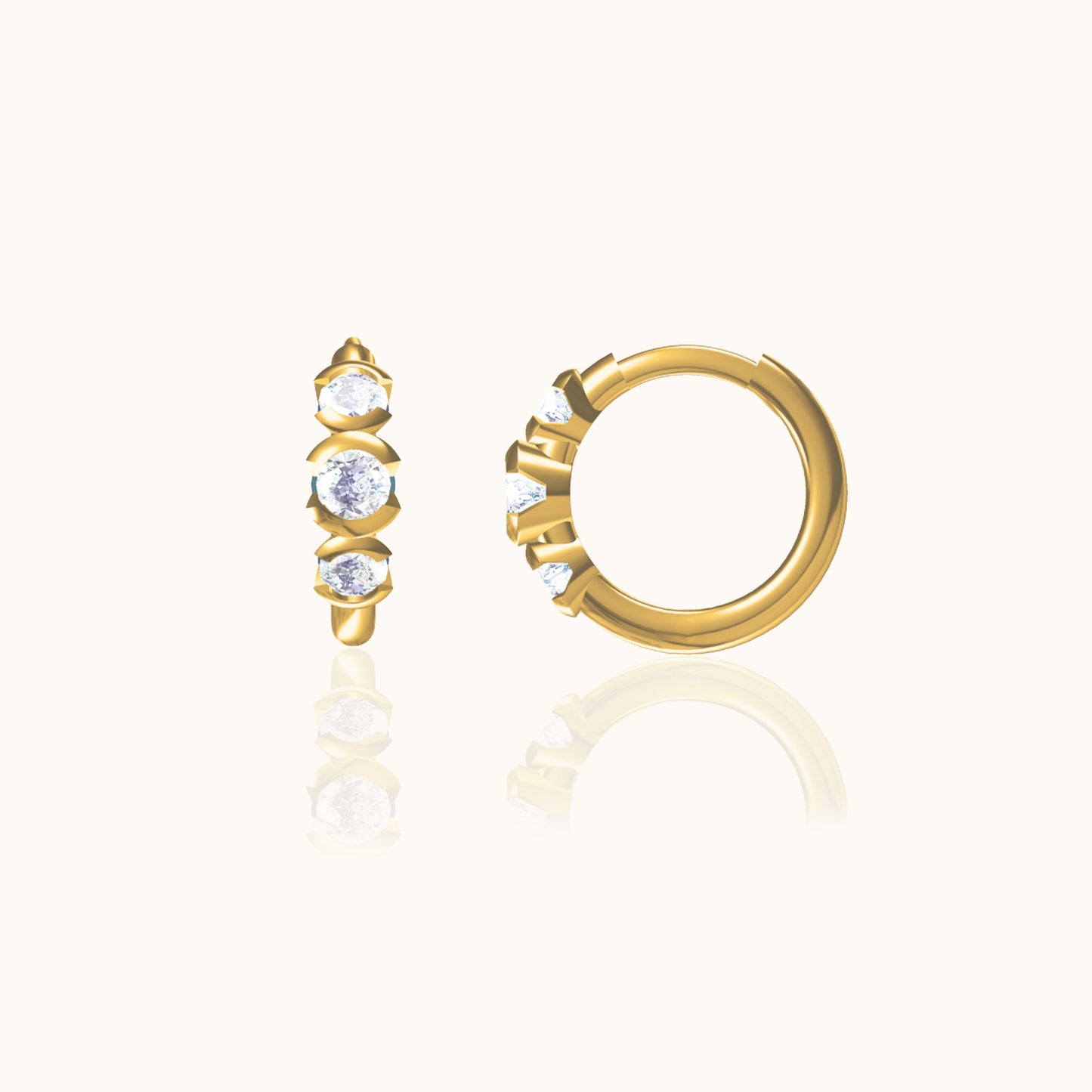 Gold Petite 3 Diamond Crystal Cluster Huggie Triple CZ Hoop Earrings by Doviana