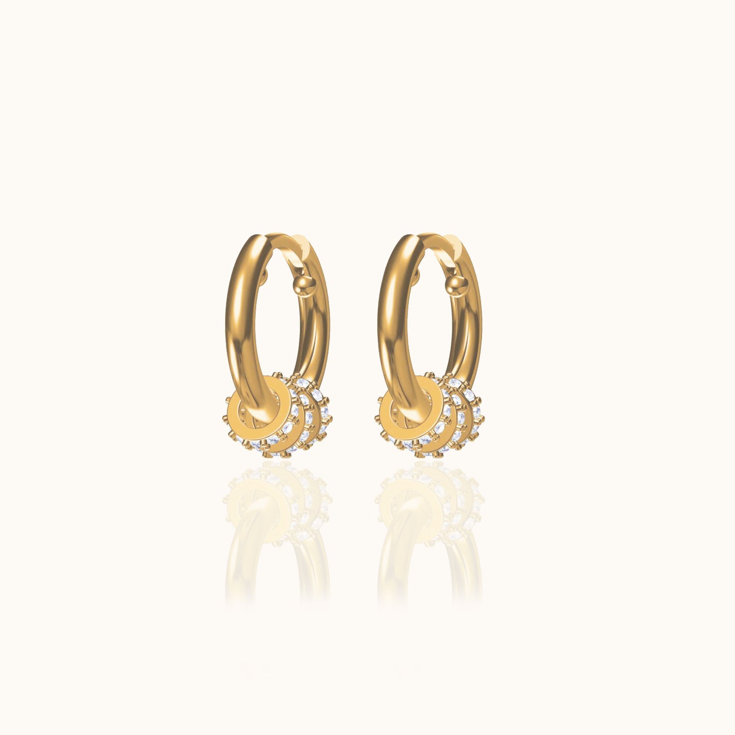 Deco Gold Tiny Round Charm Drop CZ Pave Triple Circle Drop Hoop Earrings by Doviana