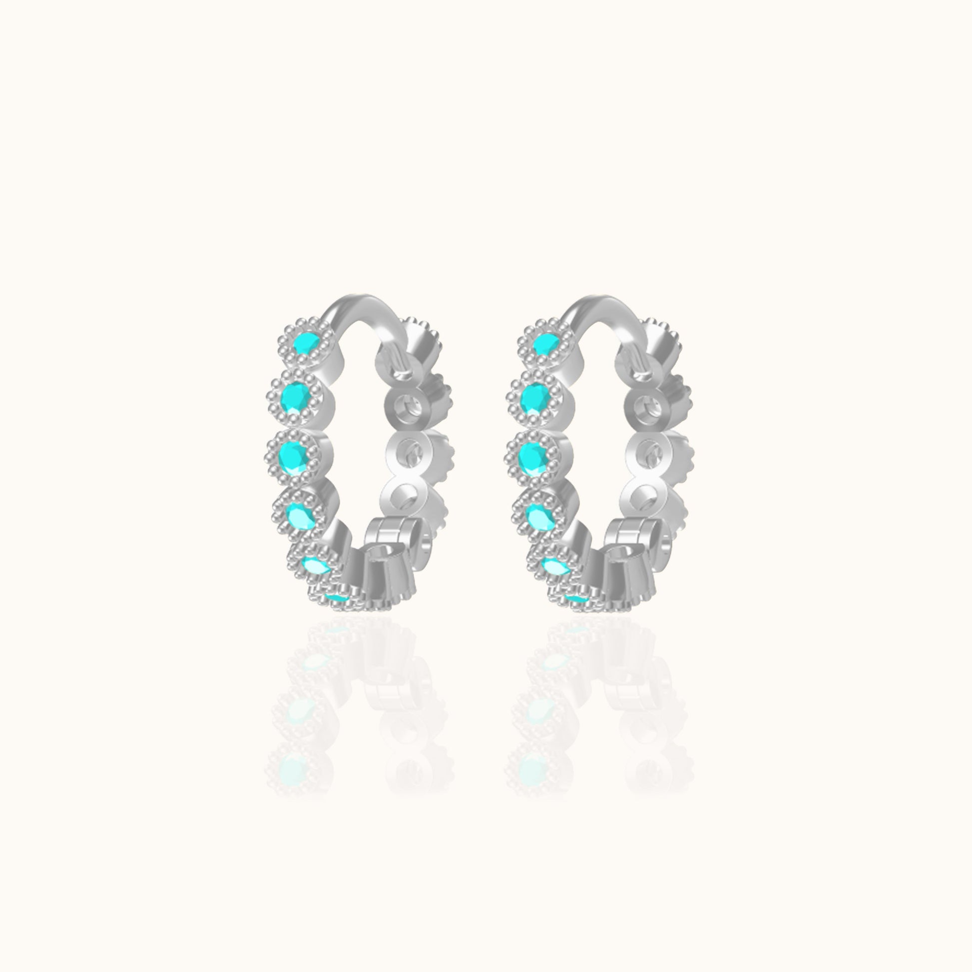 Beaded Bezel Cut CZ 925 Sterling Silver Huggie Hoops Blue Turquoise Bead Hoop Earrings by Doviana