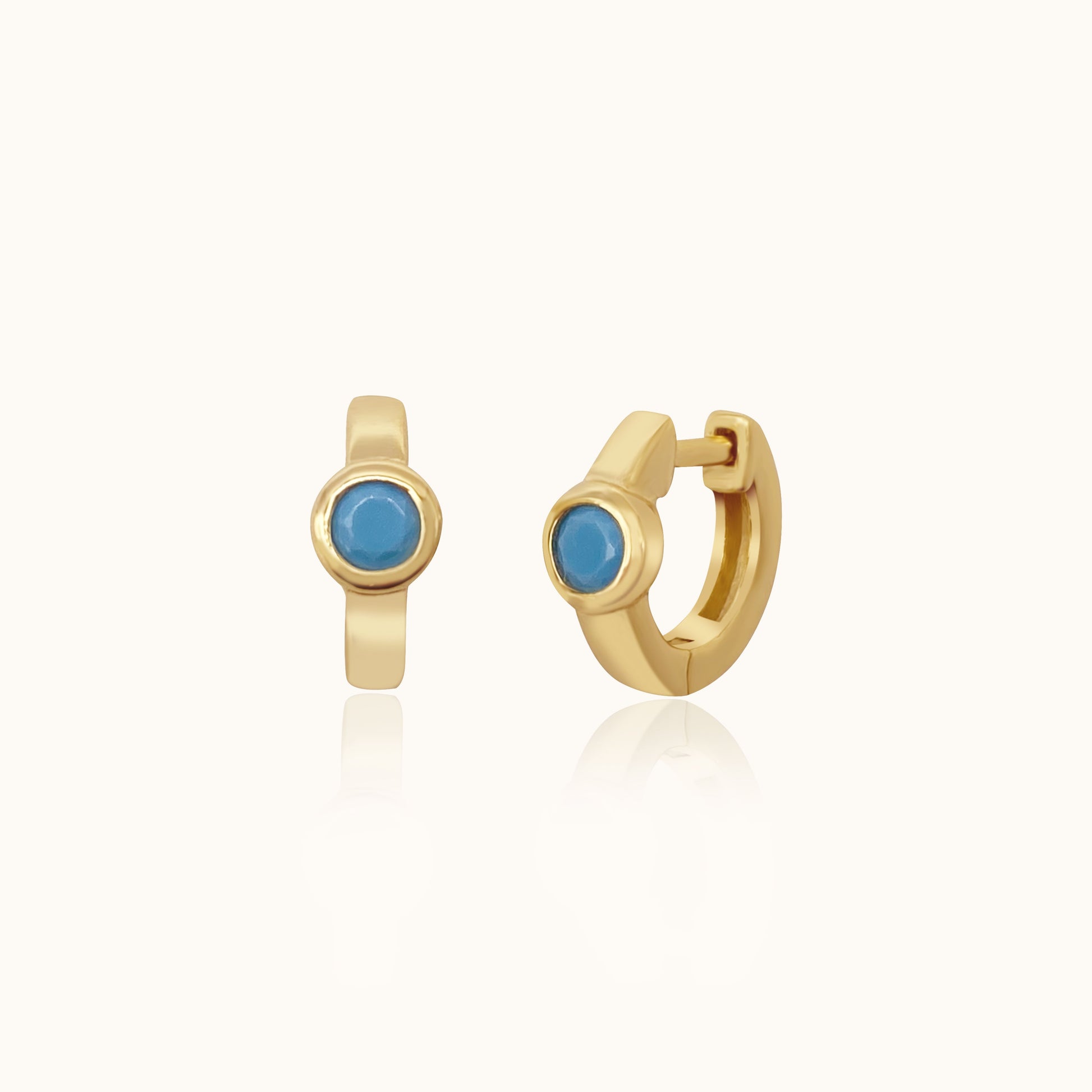 Cyan Aqua Petite Gold Boho Huggie Blue Round Turquoise Hoop Earrings by Doviana