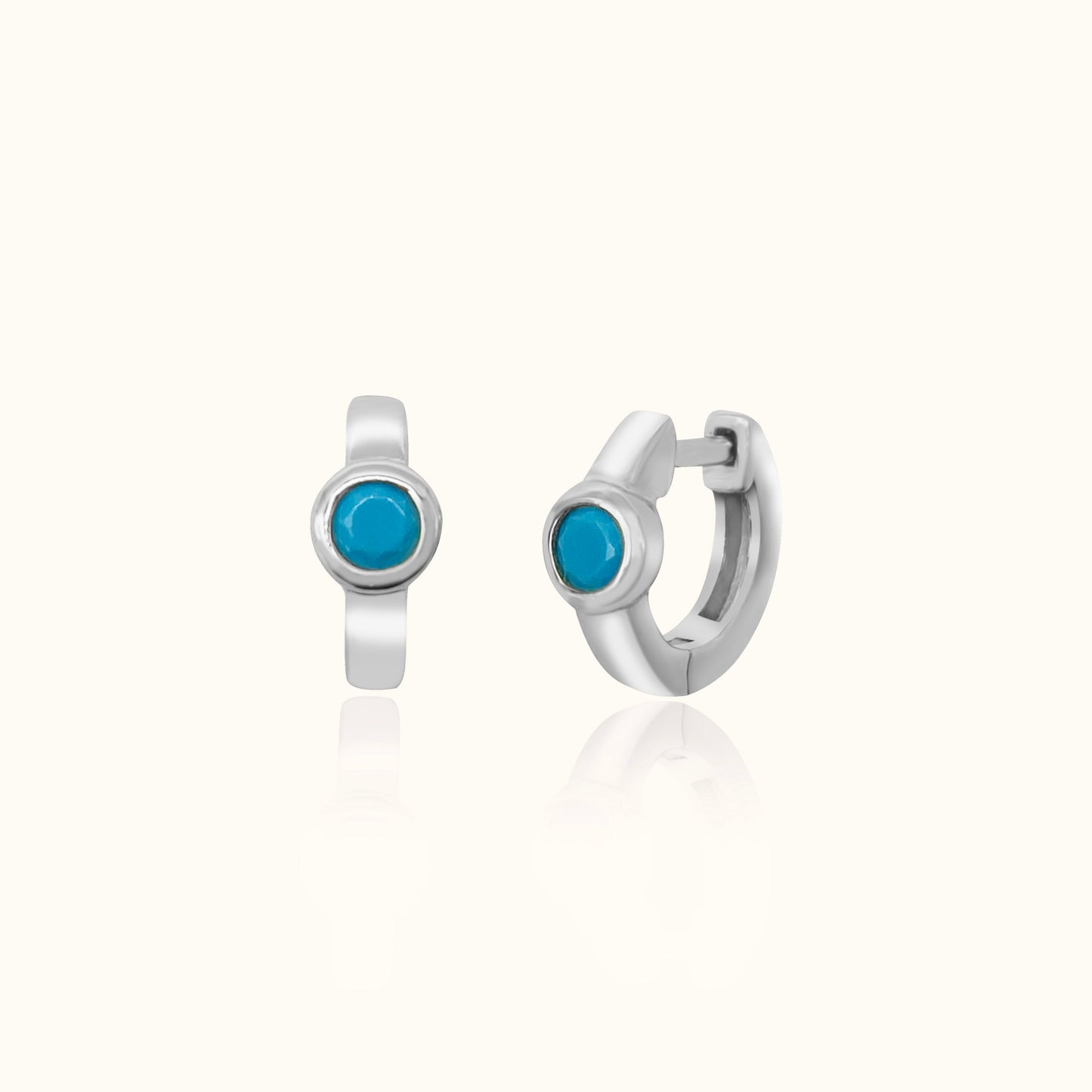 Cyan Aqua Petite Sterling Silver Boho Huggie Blue Round Turquoise Hoop Earrings by Doviana