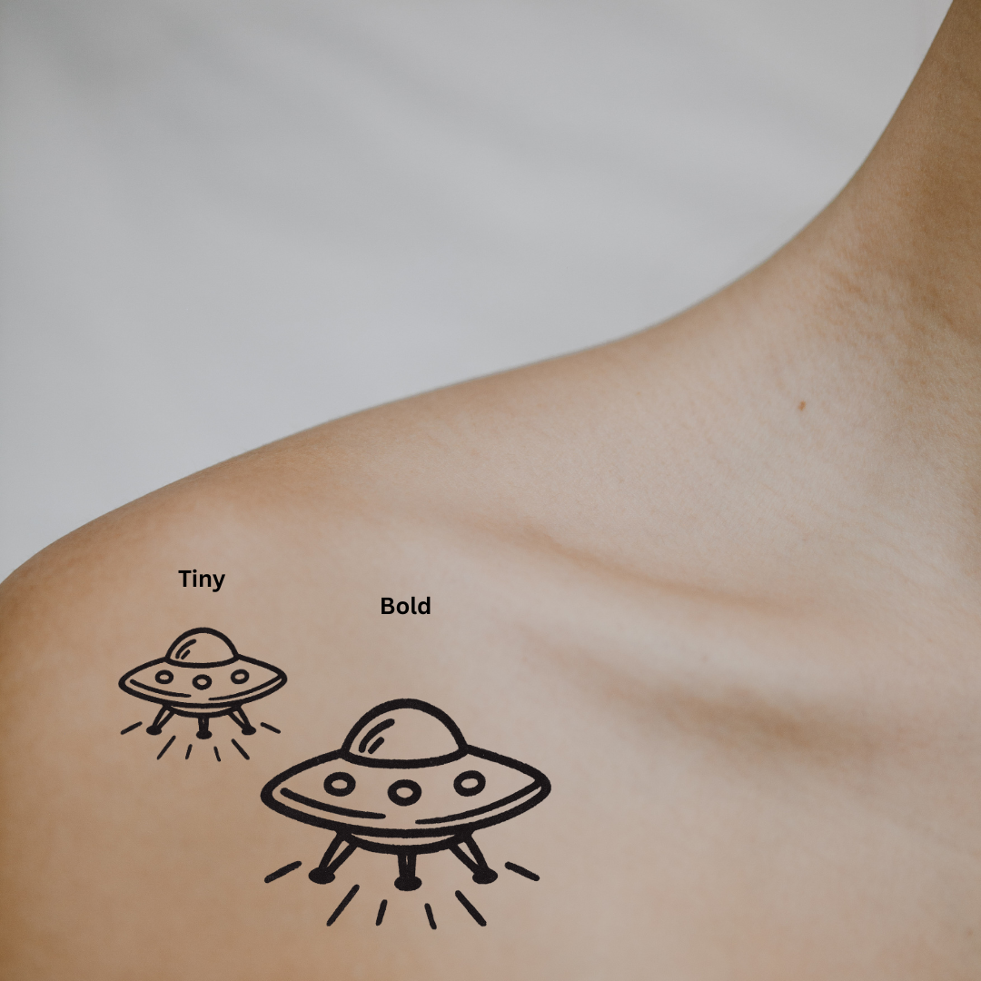 UFO - A Symbol of Wonder, Mystery & Out-of-This-World Vibes by DOVIANA Tattoo Studio (height 0.5‘’)