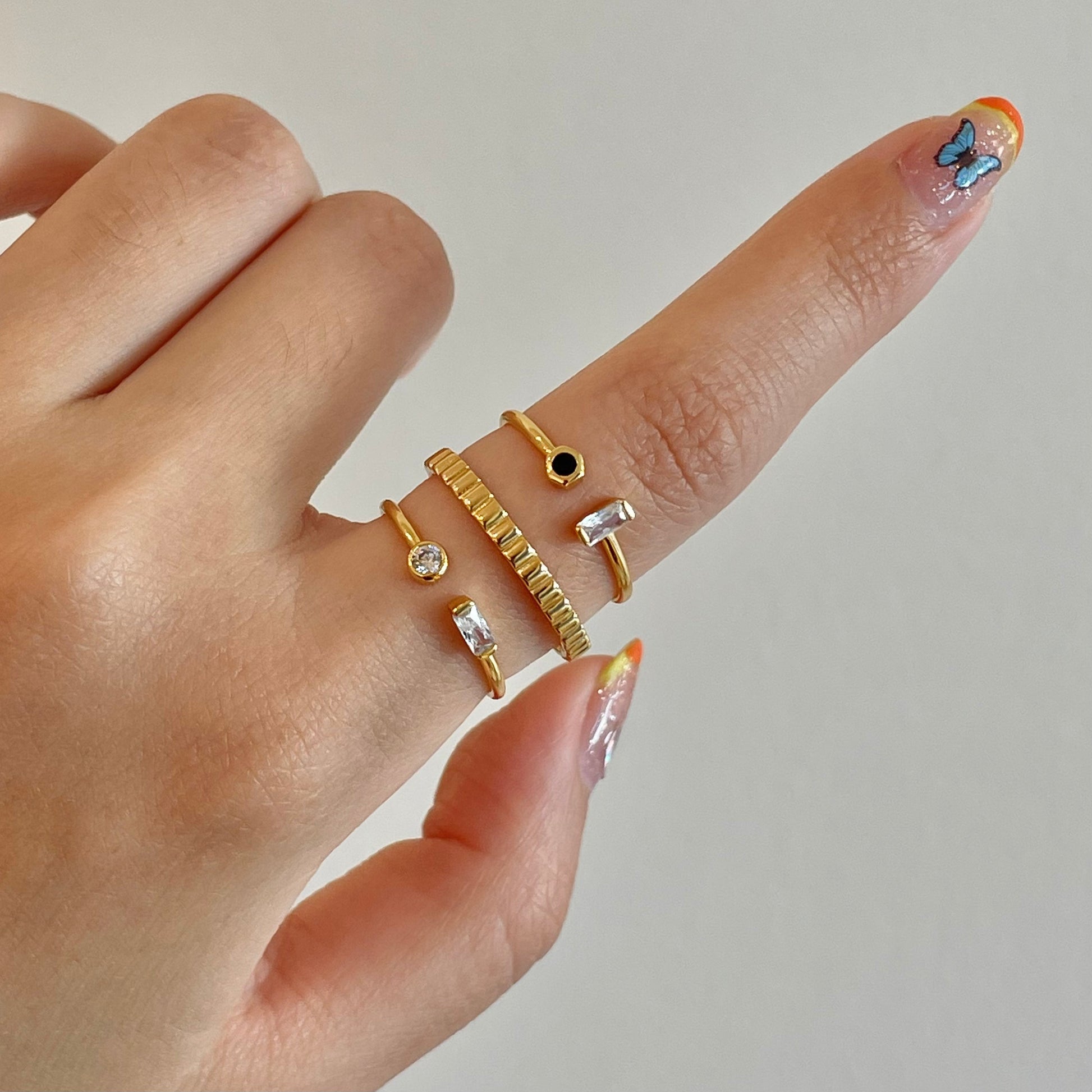 Gold Asymmetry Black & White CZ Stackable Adjustable Ring one size for all by Doviana
