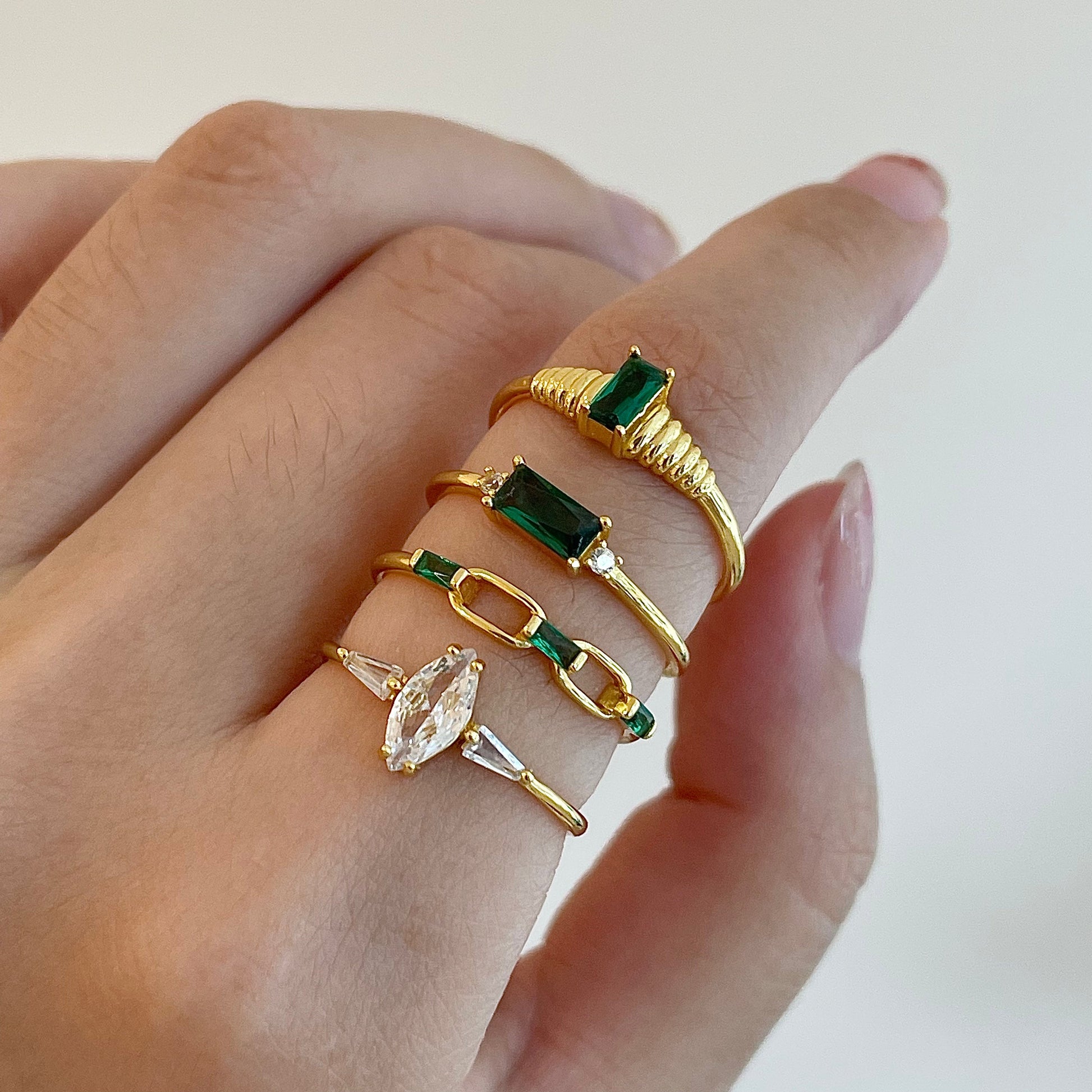 Link Chain Green CZ Ring Paperclip Gold Cuban Link Stacking Ring by Doviana