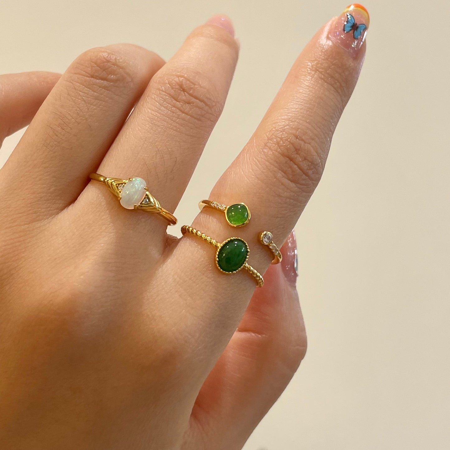 Gold Band Natural Gemstone White Opal Solitaire Ring by Doviana