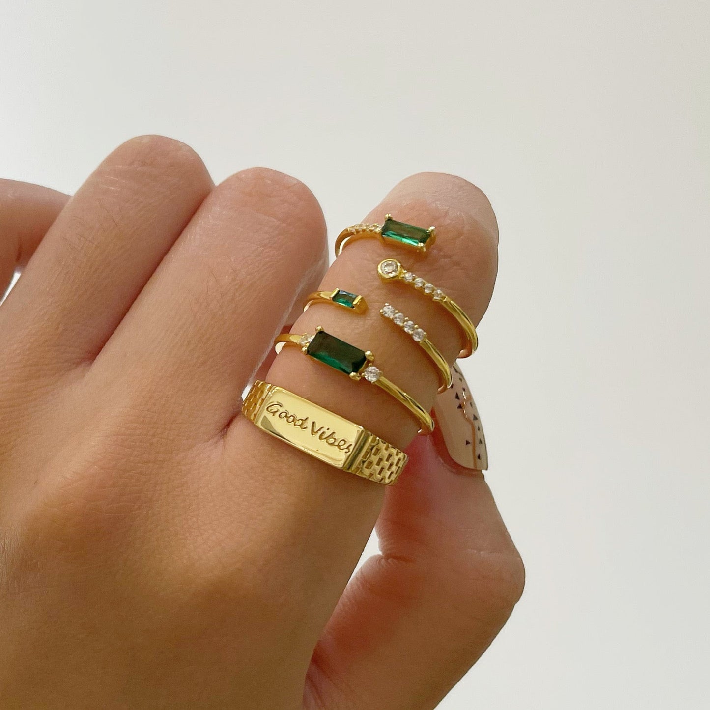 Gold Slim Band Delicate Baguette Solitaire Emerald Cut Green CZ Ring by Doviana