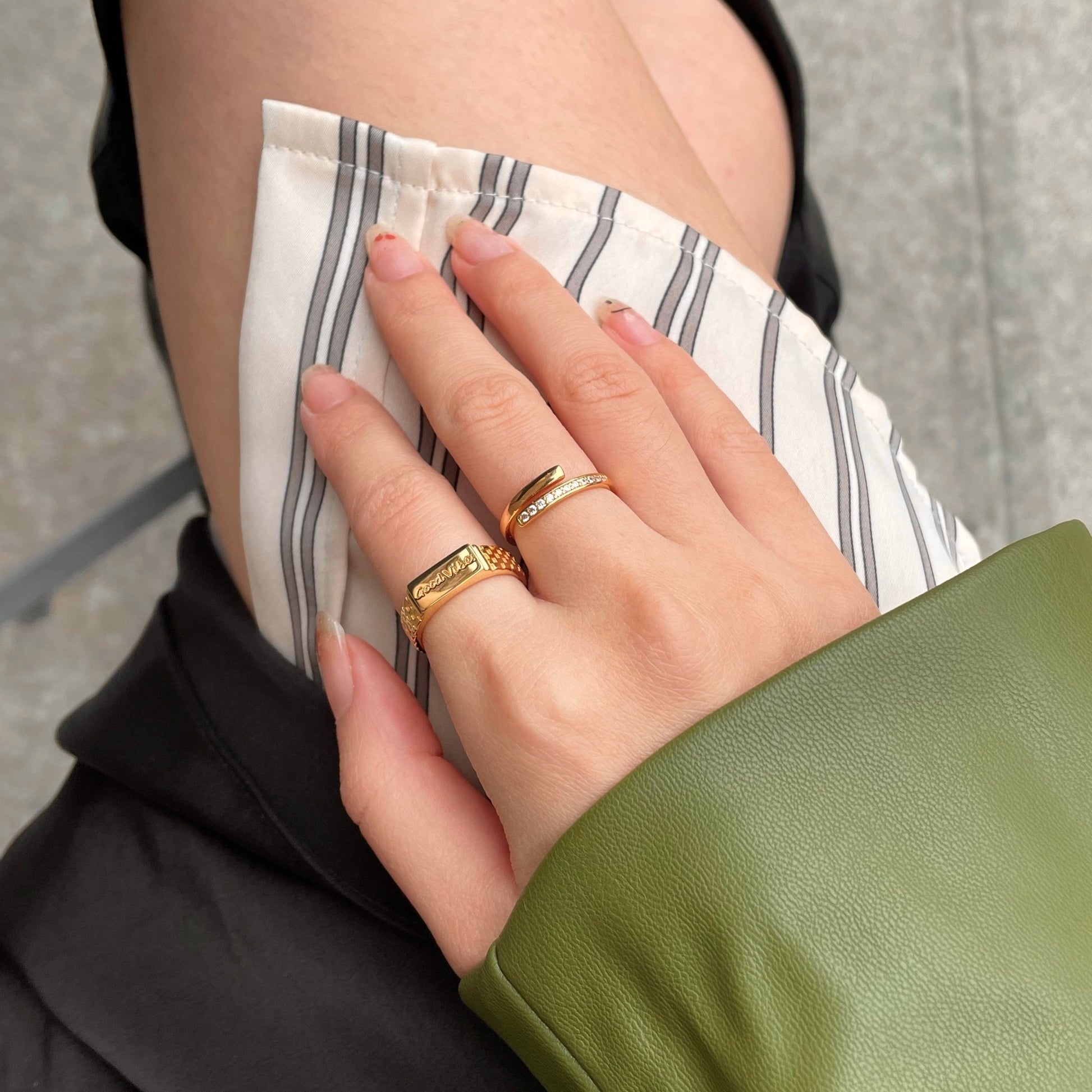 Adjustable Statement Signature Thick Gold Band Good Vibes Cubic Engraved Ring by Doviana
