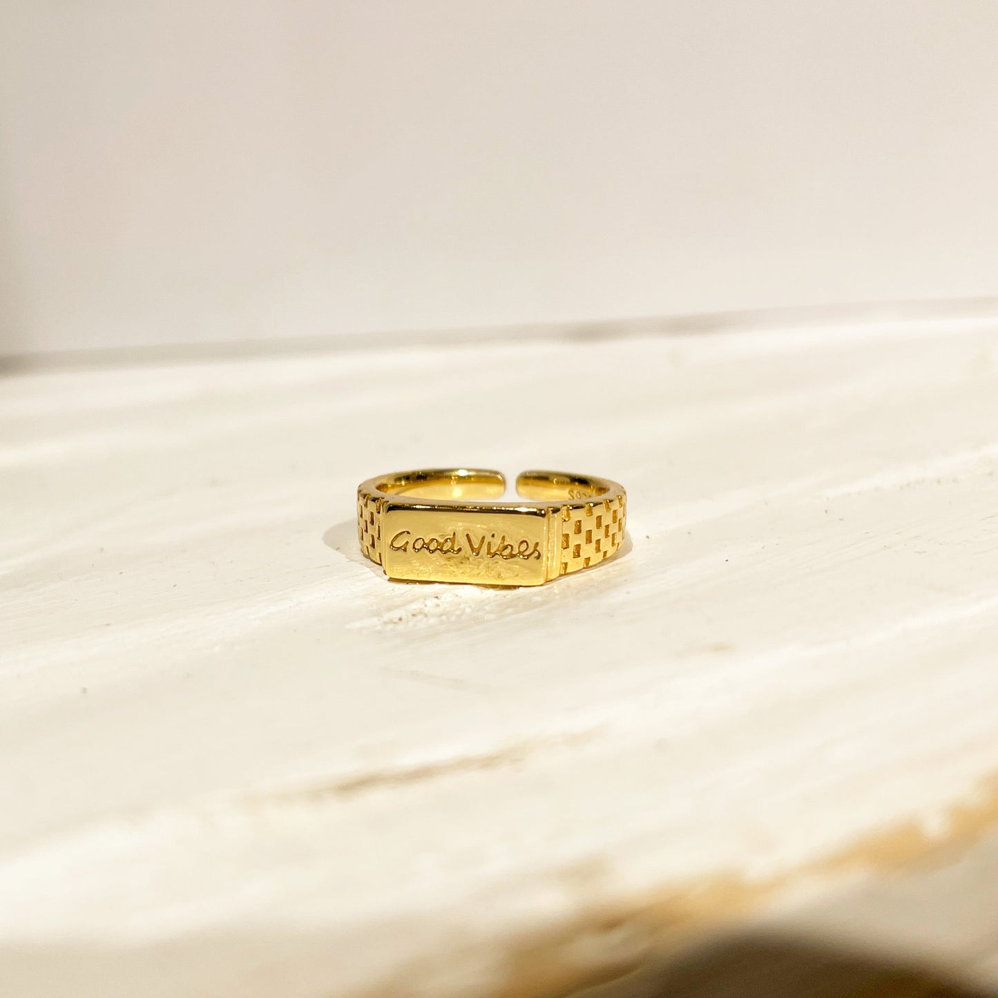 Adjustable Statement Signature Thick Gold Band Good Vibes Cubic Engraved Ring by Doviana